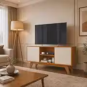 Rack Sala de Estar Turim 2 Portas e Nichos - Para TV até 50 Polegadas Pés Retrô em Madeira (Cedro/Off)