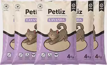 Kit 5 Areias Higiênicas para Gatos Petliz Lavanda Extra Refinada 4kg Granulado Sanitário Aroma Lavanda Alta Absorção Controle de Odores Total - 20kg