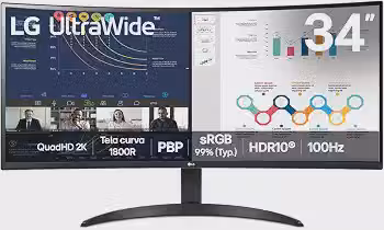 LG UltraWide Monitor Curvo 34' VA 100Hz 5ms (GtG) WQHD 2K (3440x1440) HDR10 PBP sRGB 99% Proporção 21:9, Preto - 34WR50QK