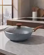 Frigideira Wok 28cm 4,3L com Tampa de Vidro, Revestimento Cerâmico Antiaderente, Compatível com Fogão de Indução, Gás e Elétrico, Frigideira Funda para Carnes, Legumes, Massas, Refogados e YakisobaO