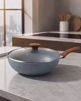 Frigideira Wok 28cm 4,3L com Tampa de Vidro, Revestimento Cerâmico Antiaderente, Compatível com Fogão de Indução, Gás e Elétrico, Frigideira Funda para Carnes, Legumes, Massas, Refogados e YakisobaO