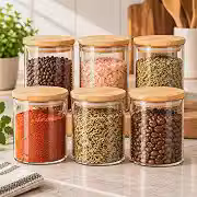 Kit 6 Potes Herméticos Vidro Tampa Bambu 200 ml Temperos Cozinha Organizada