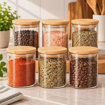 Kit 6 Potes Herméticos Vidro Tampa Bambu 200 ml Temperos Cozinha Organizada