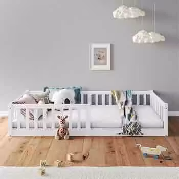 IDIMEX Cama Montessoriana Infantil Branco de Madeira Gustavo Grades de Proteção Lateral padrão Solteiro 88x188 com estrado reforçada