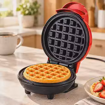 Máquina de Fazer Waffle Elétrica 110V Vermelha, Mini Waffle Maker Compacta com Placas Redondas e Tampa Articulada, para Waffles Individuais no Café da Manhã, Lanches e Sobremesas em Casa