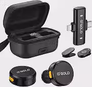 Kit 2 Microfones de Lapela Gold Profissional, Sem Fio, Case de Carregamento, Bluetooth, Cancelamento de Ruído,12h Tempo de Trabalho, Compatível com Camera, iPhone, Android, USB-C e Lightning