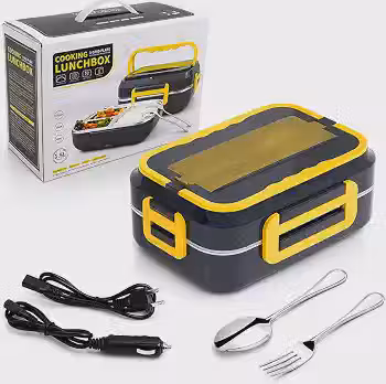 Marmita Elétrica Inox 3 Divisórias Premium Bivolt 110V/220V + Adaptador Veicular 12v Lancheira Térmica 1,5L Aquecedor de Comida com Kit de Talheres Inox
