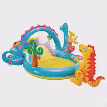 Intex Playground Inflável Dinoland com Escorregador, Spray Dinossauro, Jogos e 6 Bolas, 302x229x112 cm, 290L - 4 Jogos em 1