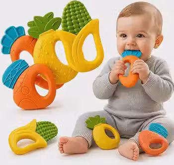 Kit Brinquedos de Bebê 4 Peças: Chocalho e Mordedor Sensorial de Silicone Livre de BPA, Alívio Imediato para Dentição Texturas para Massagem na Gengiva Mordedor de Bebê em Silicone Macio (Laranja e Amarelo)