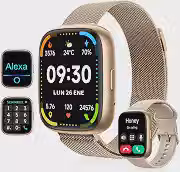 Smartwatch Ecrã tátil completo de 1,28 polegadas IP67 à prova de água Compatível com chamadas, modos desportivos e notificações (2 braceletes incluídas) Dourado
