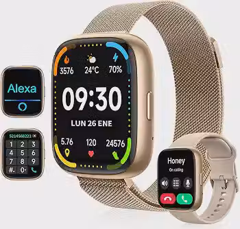 Smartwatch Ecrã tátil completo de 1,28 polegadas IP67 à prova de água Compatível com chamadas, modos desportivos e notificações (2 braceletes incluídas) Dourado