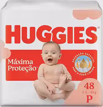 Fralda Descartável Huggies Máxima Proteção Tamanho P 48 unidades – com absorção especial para cocô líquido e indicador de troca.