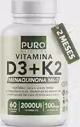 Vitamina D3 + K2 Puro Nutrition 2000 iu D3 com 100mcg de Vitamina K2 MK-7, 60 Cápsulas
