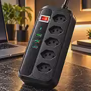 Extensão Elétrica 5 Tomadas com 2 Entradas USB, e 1 USB-C, Filtro de Linha com Interruptor Liga e Desliga e Cabo, Régua de Tomadas para Casa, Escritório e Eletrônicos