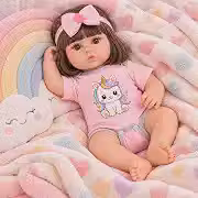 Boneca Bebê Reborn 46cm Cabelo Curto Body Rosa Unicórnio + Itens