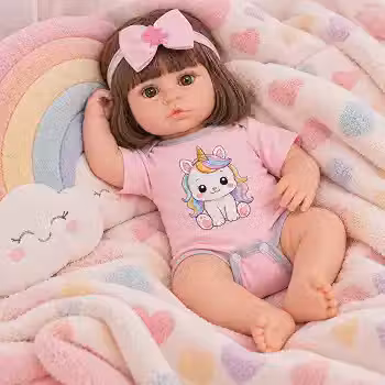 Boneca Bebê Reborn 46cm Cabelo Curto Body Rosa Unicórnio + Itens