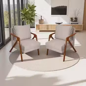 Kit 2 Poltronas Para Sala Decorativas Shine Cadeiras Reforçadas Para Recepção Manicure Sala De Espera Consultório Escritório Confortável Em Madeira Maciça Castanho Suede Cores (Bege)