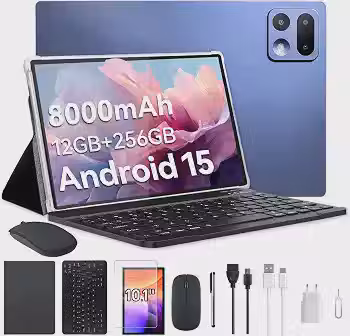 Xixaomiro Tablet Android 15 Pad 10.1', 256GB ROM + 12GB RAM, Câmera 13MP + 5MP, Bateria 8000mAh – Kit Completo com Caneta, Mouse, Teclado e Capa, Adequado para Estudo, Trabalho e Lazer (Azul marinho)