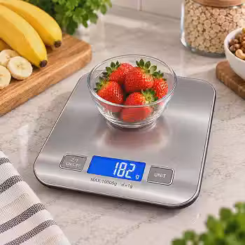 Balança Digital de Cozinha Precisão de 1g a 10kg Premium Resistente à Água em Inox Função Tara Fitness Display LCD Base Antiderrapante Durável Portátil para Alimentos e Dietas + 2 Pilhas AAA
