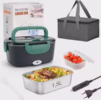 Marmita Elétrica 1,5L Aço Inox Portátil Bivolt 12v/24v 110v/220v Lancheira Térmica para Adultos para Carro/Caminhão/Escritório