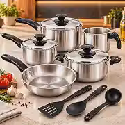 Jogo de Panelas Alumínio 11 Peças com Tampas + Frigideira + Kit de Utensílios, Revestimento Antiaderente, Cabos Ergonômicos, Fácil Limpeza, Compatível com Fogões a Gás e Elétrico Polido