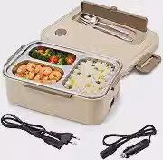 Marmita Lancheira Elétrica 1,2L com Garfo e Colher I Compartimento para Talheres I Marmita Elétrica com Recipiente em Aço Inox 3 Divisórias I 110V/220V e 12V/24V para Carro I Vende Mais