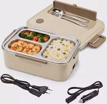 Marmita Lancheira Elétrica 1,2L com Garfo e Colher I Compartimento para Talheres I Marmita Elétrica com Recipiente em Aço Inox 3 Divisórias I 110V/220V e 12V/24V para Carro I Vende Mais