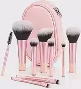 Kit Pincéis Maquiagem 10 Peças Travel Size Nécessaire Cerdas Macias - Rosa