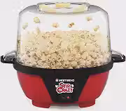 West Bend Stir Crazy Máquina elétrica de pipoca de óleo quente com haste de agitação oferece tampa grande para tigela de servir e armazenamento conveniente, 6 quartos, vermelho
