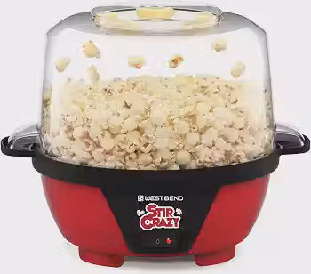 West Bend Stir Crazy Máquina elétrica de pipoca de óleo quente com haste de agitação oferece tampa grande para tigela de servir e armazenamento conveniente, 6 quartos, vermelho