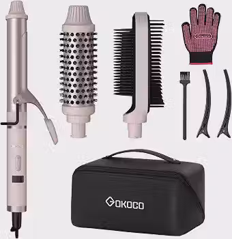 Kit Cachos e Alisamento Bivolt GOKOCO GD034 Rosa 127V-220V – Ferramenta Multifuncional com 3 Anexos, Controle de Calor NTC, 120-200°C, Desligamento Automático 30min, para Cabelos Finos a Grossos