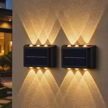 Kit 2 Arandela Solar LED Externa Parede 6 Fachos Luz Branco Quente Sensor Automático IP65 À Prova d’Água Luminária Solar Jardim Muro Fachada Escada Varanda