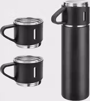 Garrafa Térmica + 2 Xícaras – Conjunto de Viagem – Aço Inoxidável 500ml Preto Fosco