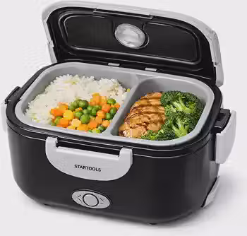 Marmita Elétrica Térmica Bivolt 1,5L Portátil 60W com Divisórias Colher e Travas de Segurança Preta