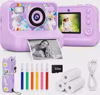 Câmera Infantil com Impressão Instantânea, 40MP, 1080P, 32GB, Roxa