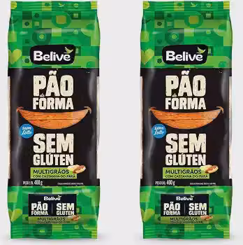 Kit com 2 Pães - Pão de Forma Multigrãos BELIVE Sem Glúten 400g - Integral Macio e Fofinho - Sem Lactose, Zero Gordura Trans - Para Sanduíches e Lanches Saudáveis