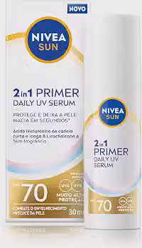 NIVEA SUN 2 em 1 Primer Daily UV Sérum FPS 70 30ml, Muito Alta Proteção UVA/UVB, Pele Uniforme, Prepara para Maquiagem, Ácido Hialurônico, Cuidado Facial