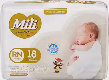 Mili Fralda Infantil Love & Care Recém Nascido RN, Alta Absorção, Ajuste Confortável, 18 Unidades