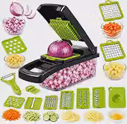 Cortador de Legumes Multifuncional 16 em 1 - Fatiador Ralador com Lâminas em Aço Inox Picador de Frutas e Vegetais com Recipiente para Cozinha Profissional Mandoline Premium- Cesto Removivel