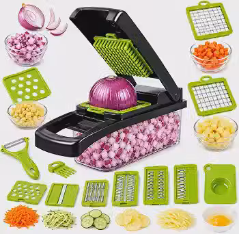 Cortador de Legumes Multifuncional 16 em 1 - Fatiador Ralador com Lâminas em Aço Inox Picador de Frutas e Vegetais com Recipiente para Cozinha Profissional Mandoline Premium- Cesto Removivel