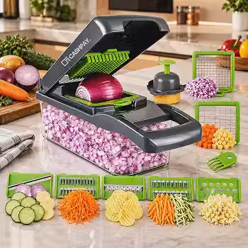 Cortador e Fatiador 16 em 1 Para Alimentos Frutas Legumes Cebola Alho Multifuncional com Lâminas de Aço Inox e Base Antiderrapante Premium