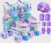 Patins Infantil Led Ajustável 4 Rodas Rodinha E Kit Proteção (Roxo Sereia, M - 33 ao 36)