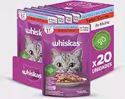 Pack Ração Úmida Whiskas para Gatos Adultos Castrados, Sachê Carne ao Molho, 85g - 20 unidades