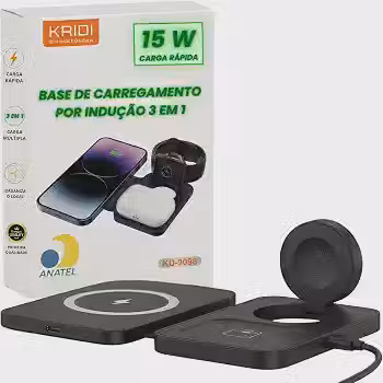 Carregador de indução rápido sem fio 3 em 1 compatível com Iphone, samsung e android| base de carregamento magnético 15w wireless dobrável e portátil para celular, relógio e fone (Preto)