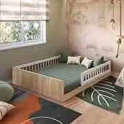 Cama Casal Infantil de Chão Montessoriana para Menino e Menina com Grade de Proteção Lateral
