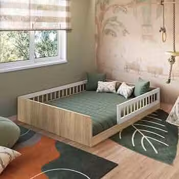 Cama Casal Infantil de Chão Montessoriana para Menino e Menina com Grade de Proteção Lateral