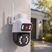 Câmera de Segurança WiFi Externa 3MP+3MP Dupla Lente 360°, Visão Noturna, Áudio Bidirecional, Detecção de Movimento, IP66, Preta (base branca)