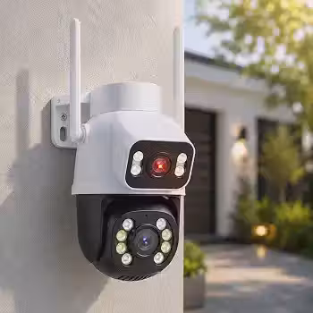 Câmera de Segurança WiFi Externa 3MP+3MP Dupla Lente 360°, Visão Noturna, Áudio Bidirecional, Detecção de Movimento, IP66, Preta (base branca)