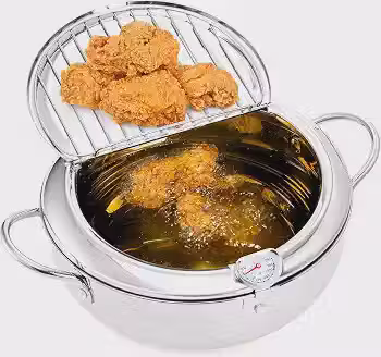 20cm, 3.4L, Fritadeira Japonesa em Aço Inox, Escorredor de Óleo, Com Tampa e Termômetro, Panela Tempura Fritadeira Profunda com Termômetro e Tampa