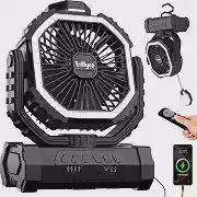 Ventilador de Acampamento Recarregável ar Livre com Luz Bateria de 20000mAh Gancho Giratório 360° 4 Velocidades para uso Interno, Viagens, Barracas, Trailers, Pesca e Praia (Preto)